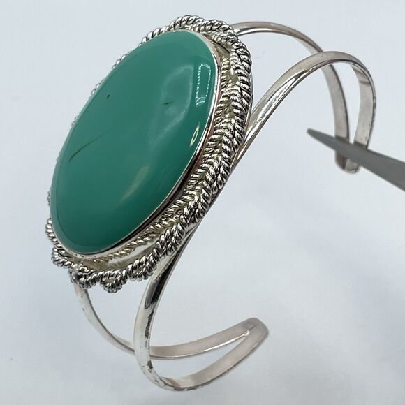 Vintage Best Silver Tone Turquoise Blue Acrylic Cabochon Open Cuff Bracelet - Picture 2 of 7